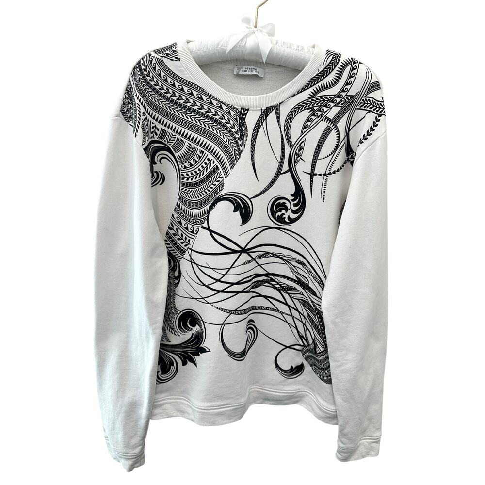 VERSACE COLLECTION White Black Baroque Print Crewneck Sweatshirt Cotton | Small